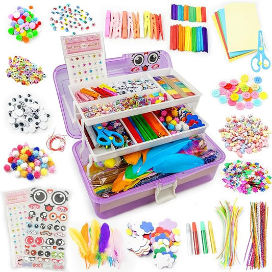 smilesskiddo arts craft supplies for kids - 1000+ pcs toddler diy craft art supply set, portable 3 layered folding storage box school craft projects - gifts for girls crafts for girls ages 4-8 8-12