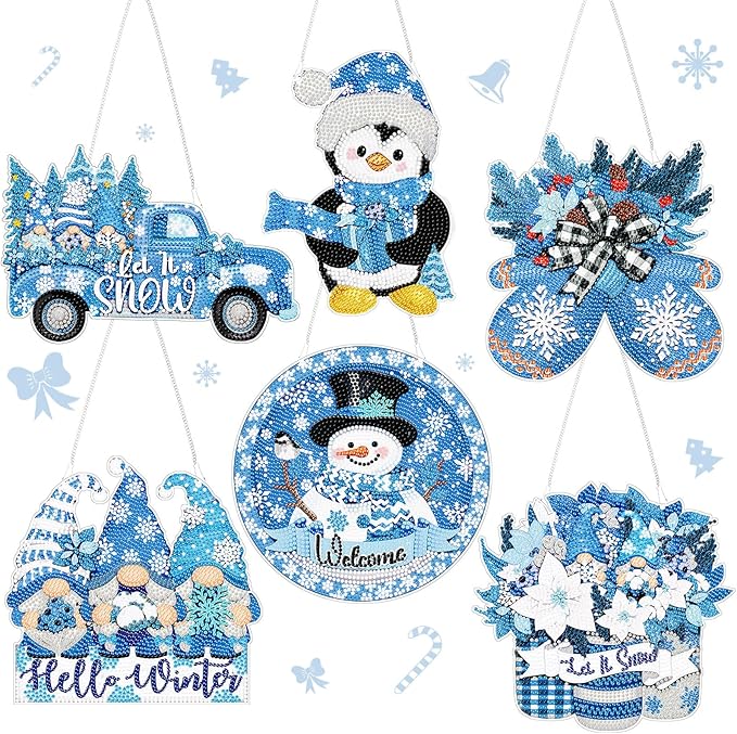 Zonon 6 Pcs Winter Diamond Painting Hanging Sign Set 5d Snowman Diamond Art Set for Adults DIY Gnome Art Pendant Ornaments Kits Acrylic Winter Tree Wreath Truck for Wall Window Decor