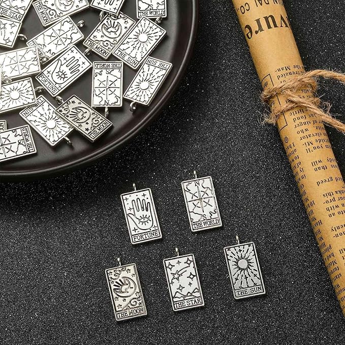 DanLingJewelry 50Pcs 5 Styles Tibetan Tarot Cards Charms Rectangle for Jewelry Making