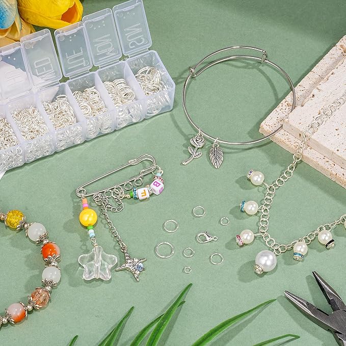 1350pcs Open Jump Rings Lobster Clasps Set Jewelry Pliers,Tweezers and Jump Rings Tool Opener for DIY Earring Bracelet Necklace Extender Chains Jewelry Making (Silver)