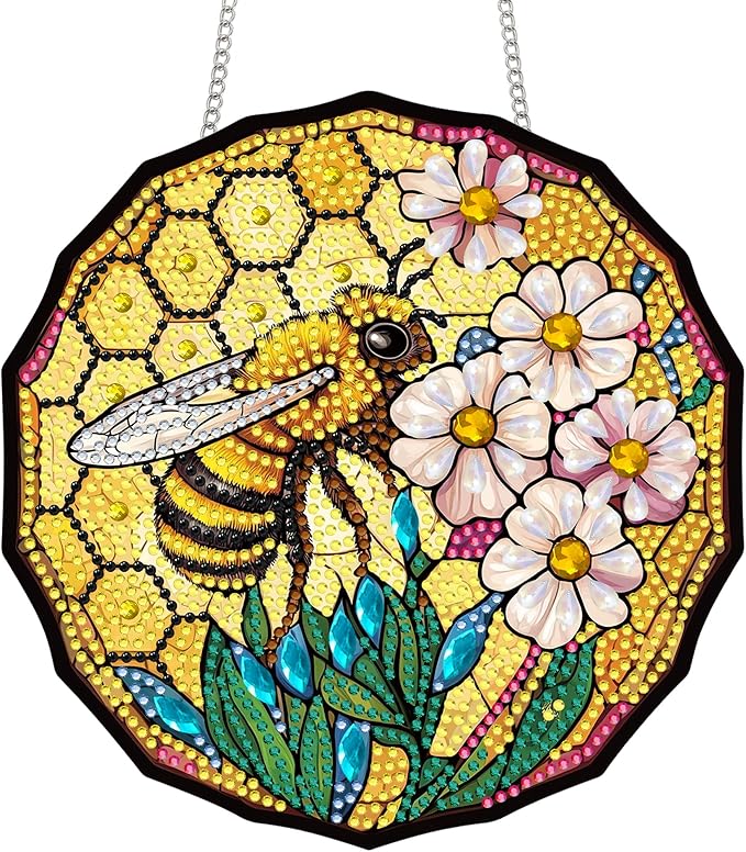 Bimkole Bee Diamond Art Hanging Kit for Adult, DIY 5D Diamond Art Flower Window Pendant, Acrylic Crystal Art Hanging Ornament Home Wall Garden Front Door Sign Outdoor Decor 7.8x7.8 Inch