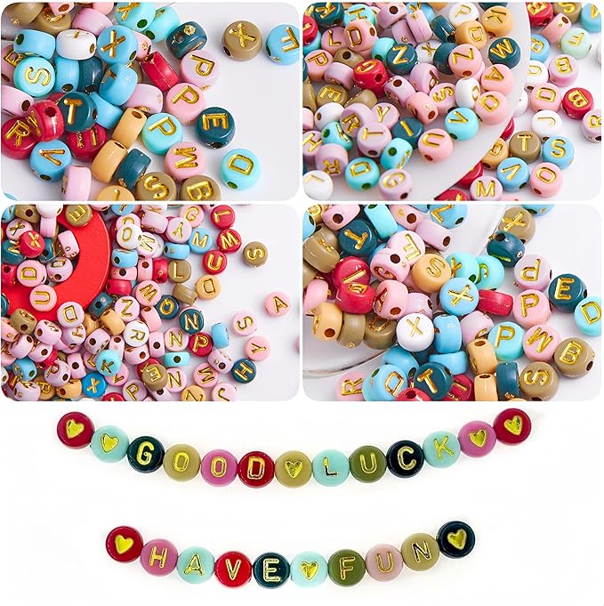 nikkiGuo 1250 PCS Letter Beads Kit with Elastic Cord – Alphabet A–Z, Numbers, Heart, Moon, Star, Smiley Beads for Friendship Bracelets & DIY Jewelry (Colorful Beats & Golden Letters)