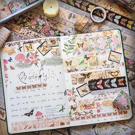 YUBX Butterfly Washi Tape Set 18 Rolls Vintage Gold Foil Masking Wide Retro Decorative Tapes for Arts, DIY Crafts, Journals, Planners, Scrapbook, Wrapping