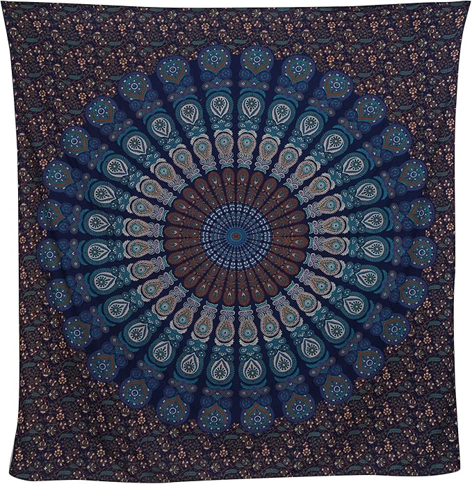 bless international handmade indian hippie bohemian psychedelic peacock mandala wall hanging college dorm beach throws table cloth bedding tapestry (blue green, queen(84x90inches)(215x230cms))