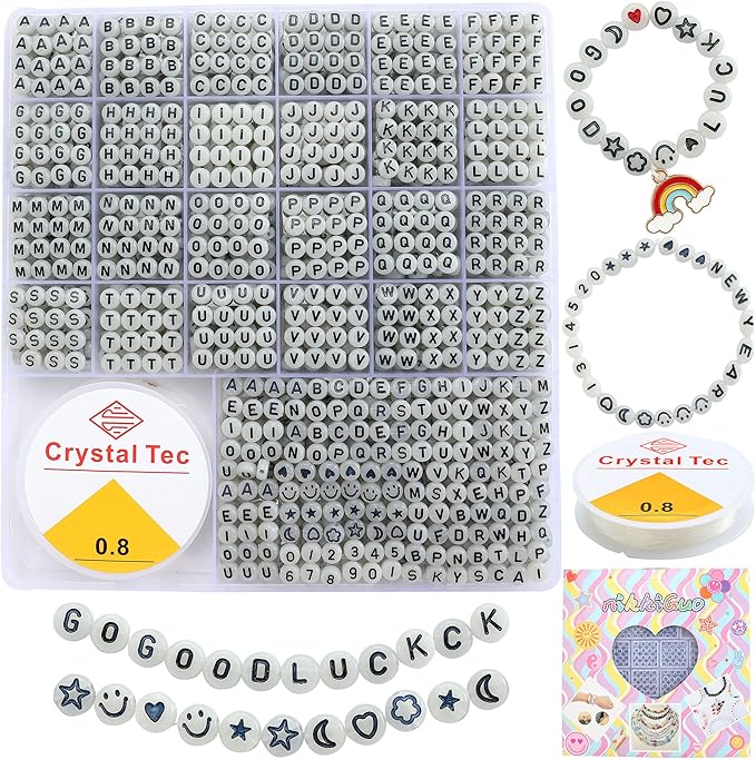 nikkiGuo 1250 PCS Letter Beads Kit with Elastic Cord – Alphabet A–Z, Numbers, Heart, Moon, Star, Smiley Beads for Friendship Bracelets & DIY Jewelry (Glow in The Dark & Black Letters)