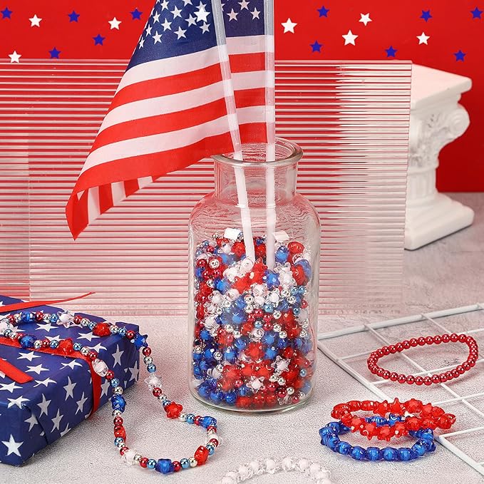 UPINS 1500Pcs Red White and Blue Beads, Patriotic 4th of July Beads for Jewelry Making Round Star Spacer Beads for Independence Day DIY Crafts and Necklace Bracelet Earring, 0.24 inch, 79-6670