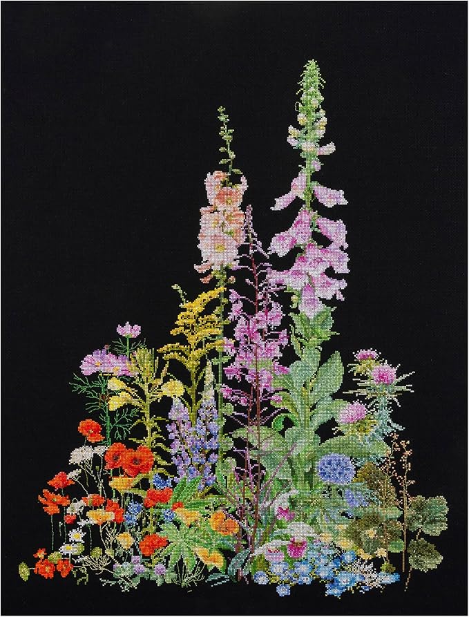 Thea Gouverneur - Counted Cross Stitch Kit - American Wild Flowers - Aida Black - 16 Count - Embroidery Kit for Adults - DMC Embroidery Threads and Other Cross Stitch Supplies Included - 554.05