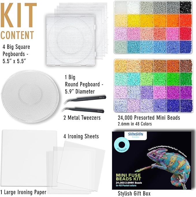 shinshin creation 24,000 mini 2.6mm fuse beads kit for adults - 48 vivid pastel colors, 5 pegboards, 2 tweezers - compatible with hama, melty beads, iron beads craft - bulk storage