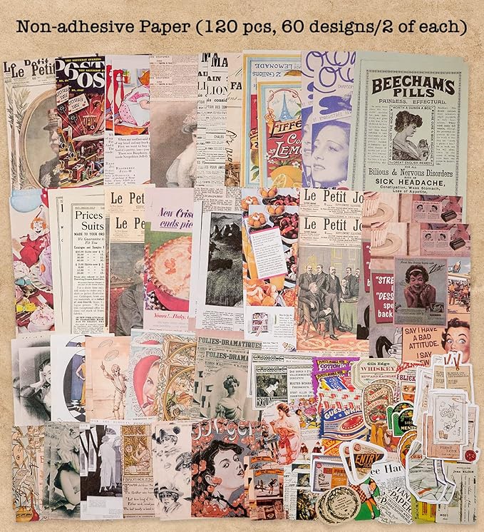 Knaid Vintage Scrapbook Supplies Pack (200 Pieces) for Junk Journal Bullet Journals Planners Aesthetic Paper Stickers Craft Kits Cottagecore Collage Album (Retro)