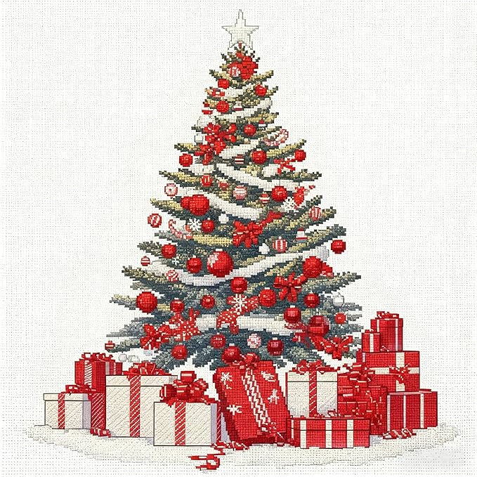 Zhenqing Christmas Tree Cross Stitch Kit – 11CT 9.45x9.45 Inch Aida Cloth with Gifts & Stars – Festive Red, Gold & Indigo Holiday Embroidery Set(67908)