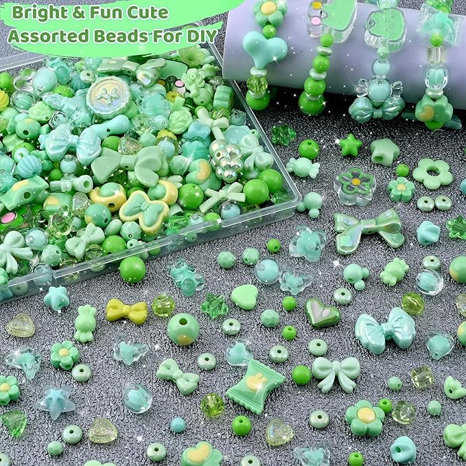 Omiposs 300Pcs Acrylic Beads for Bracelet Making with Cute Kawaii Charms, Beads & Assortments for Friendship Bracelets, Jewelry Making DIY Necklace Keychain Phone Charm Craft Gifts (Green)