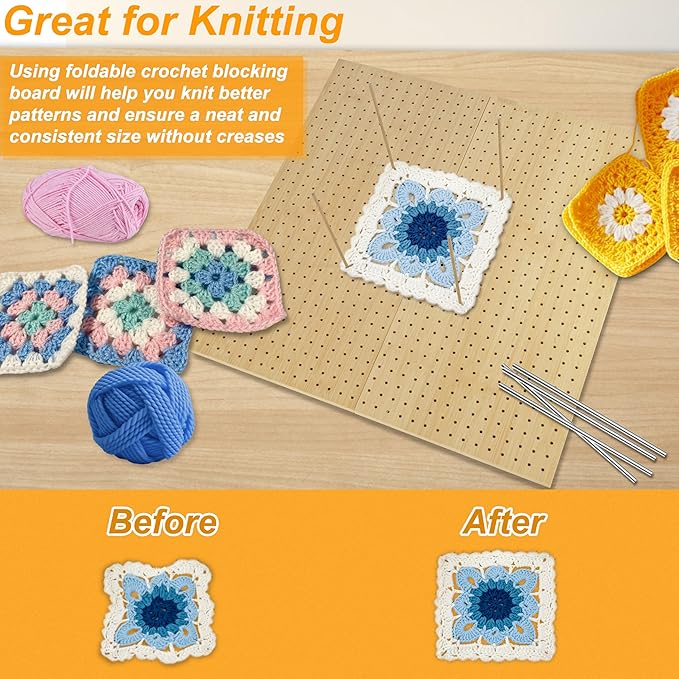 15.5" x 15.5"Foldable Crochet Blocking Board with Pins,Granny Square Blocking Board,Blocking Mats for Knitting with 35 5.9"Stainless Steel Rod Pins,Bamboo Crocheting Accessories Gifts for Crocheters