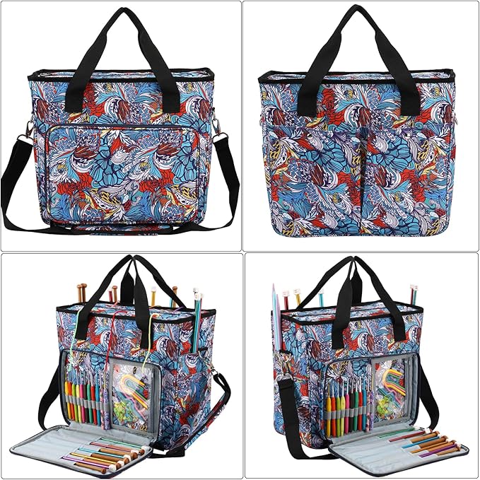LOOEN Yarn Knitting Storage Tote-Large Capacity Crochet Organizer Portable Travel Bag with Shoulder Strap Crochet Hooks Case for Unfinished Bulk Project