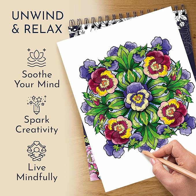Premium Nature Mandala Coloring Book for Adults – 50 Floral Designs – 180gsm Thick Bleed-Proof Paper, Spiral Bound Lay-Flat, Perforated – Frameable Art, Relaxation Gifts for Women, Flower Patterns