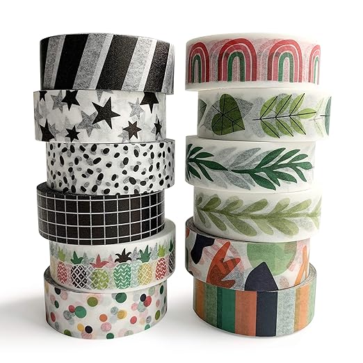 Washi Tape Set of 12 Rolls of 15 mm Wide Cute Decorative Washi Tape for Journaling, Scrapbook, Washy Crafts, Bullet Journals, Planners, DIY Décor, Craft Supplies For Adults & Kids (Tranquility)