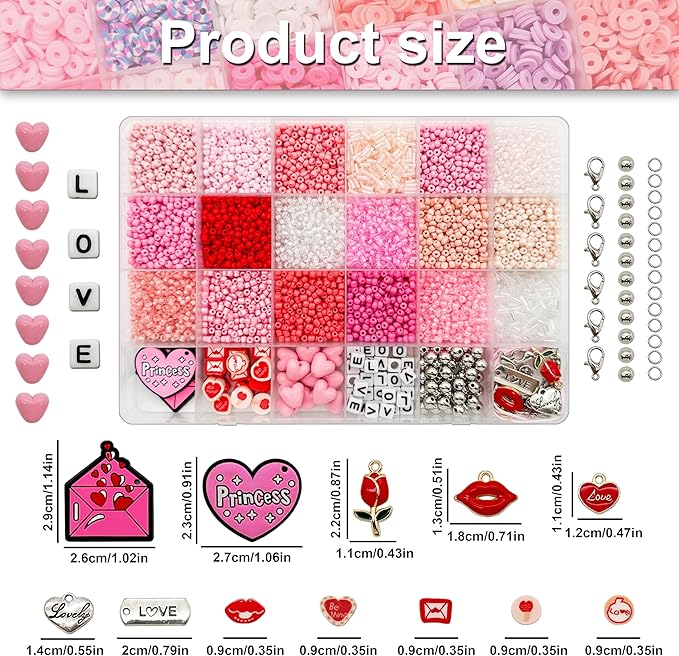 24 Grids Pink Colored Glass Seed Beads Kit for DIY Jewelry Making - Handmade Craft for Friendship Bracelet Necklace, with Heart Pendant, Letter Beads and Elastic line
