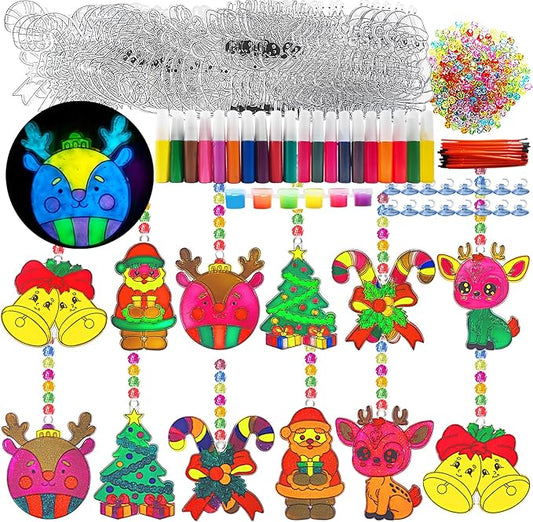 Ayhuhra 30 Sets Christmas Suncatcher Crafts DIY Glow in The Dark Window Paint Art Kit Creative Window Ornaments for Classroom Christmas Holiday Seasonal Home Activities Party Art Project