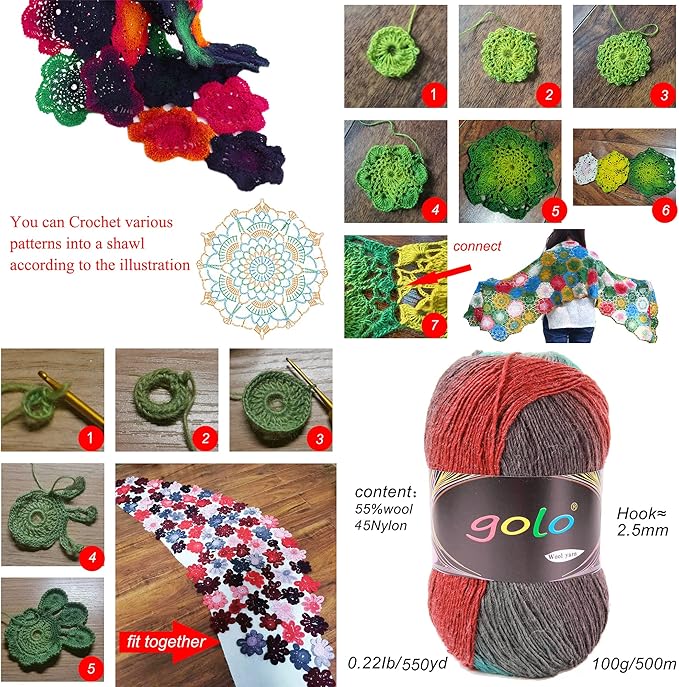 golo Wool Yarn for Hand Knitting 100g X 3 Cachemire Multicolor Rainbow Yarn