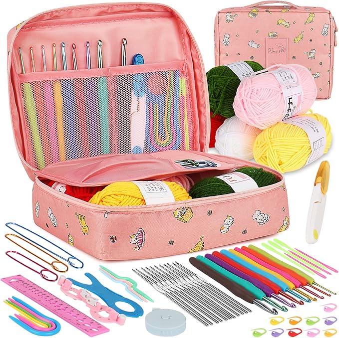 aeelike crochet kit for beginners adults, crochet kits include yarn, 59pcs crochet starter kit for beginners,ergonomic crochet hooks 2.0-6.0 mm, lace steel needles 0.6-1.9 mm