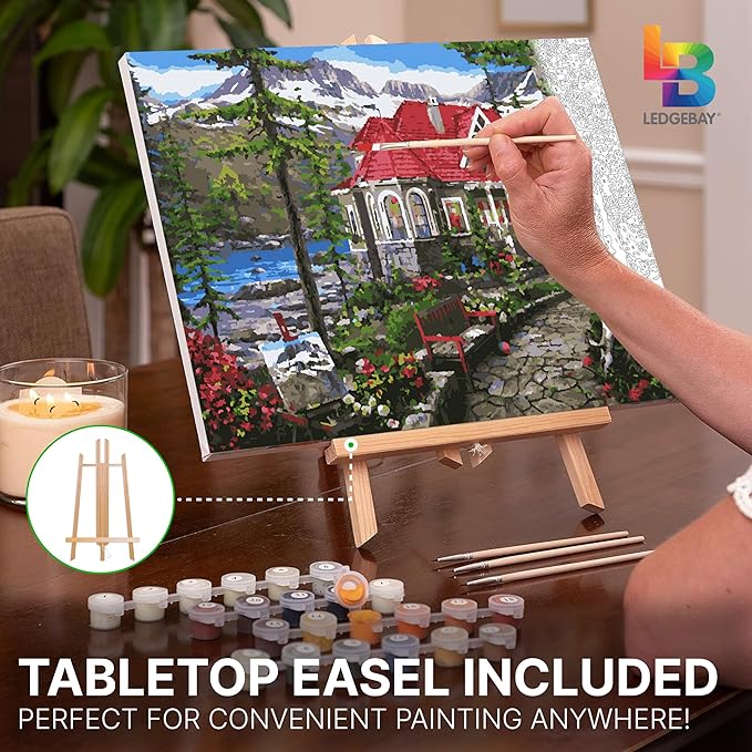 Ledgebay DIY Paint by Numbers Kit for Adults Framed Canvas Beginner to Advanced Paint by Numbers Kit Kits Include Acrylic Paint Set Brushes Tabletop Easel (Countryside House 16"x20" Framed)