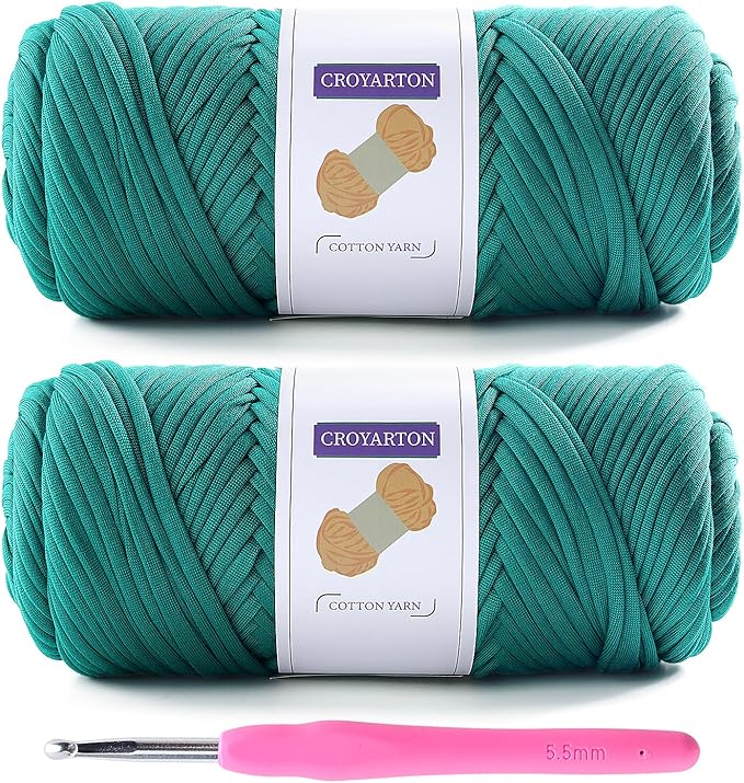 2 Pack T Shirt Yarn for Crocheting with 1 Crochet Hook, Elastic Tshirt Yarn for Crochet Bag/Baskets/Home Decor, Spaghetti Yarn Thick Knitting Yarn Total Length 130 Yds, Weight 14 Oz (Pore Green)