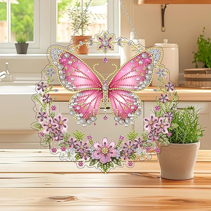 DIY Hanging Diamond Art Kit for Adults, 5D Acrylic Gem Art Window & Wall Pendant, Diamond Painting Ornament for Home Decor (Butterfly)