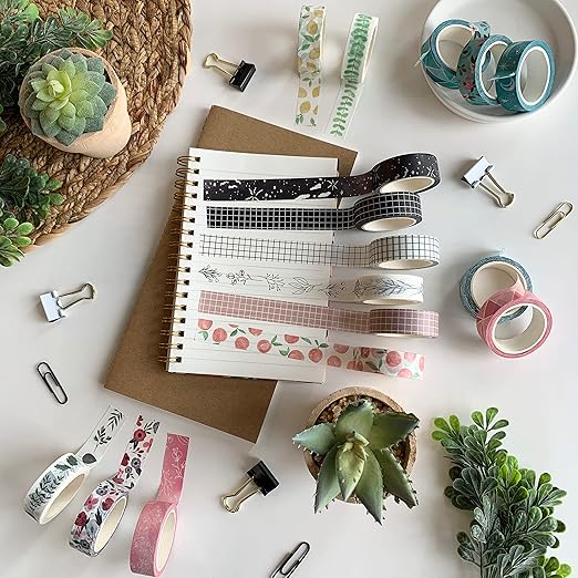Washi Tape Set of 16 Rolls of 15 mm Wide Cute Decorative Washi Tape for Journaling, Scrapbook, Washy Crafts, Bullet Journals, Planners, DIY Décor, Craft Supplies For Adults & Kids (Serenity)