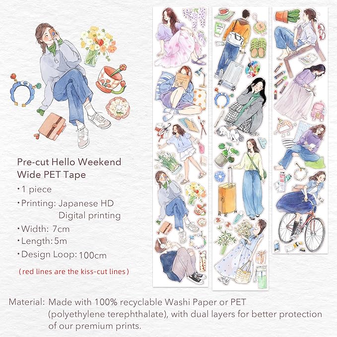 WT Pre-Cut Hello Weekend Wide PET Tape, 1 Roll (70mm x 5m), Original Weekend Lifestyle Designs, Waterproof Decorative Tape for Journaling, Planners, Scrapbooks & DIY Crafts