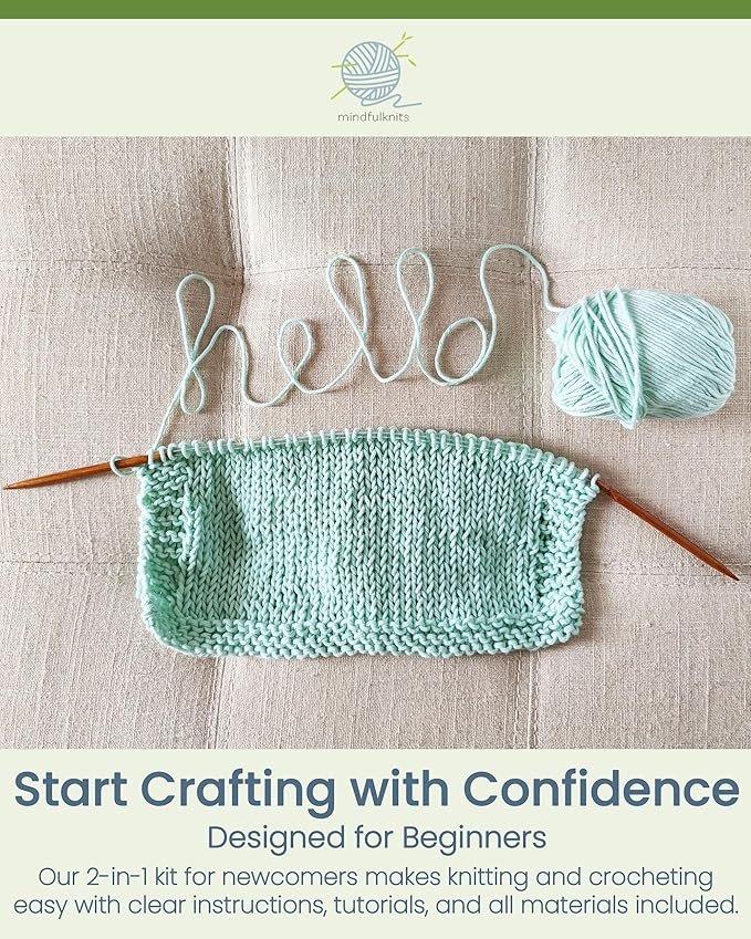 mindfulknits Knitting Kit for Beginners Adults with Knitting Needles, Yarn Needle & 100% Cotton Knitting Yarn (4) – Make Washcloths - Zen Basic Knitting Supplies Set for Relaxation & Stress Relief