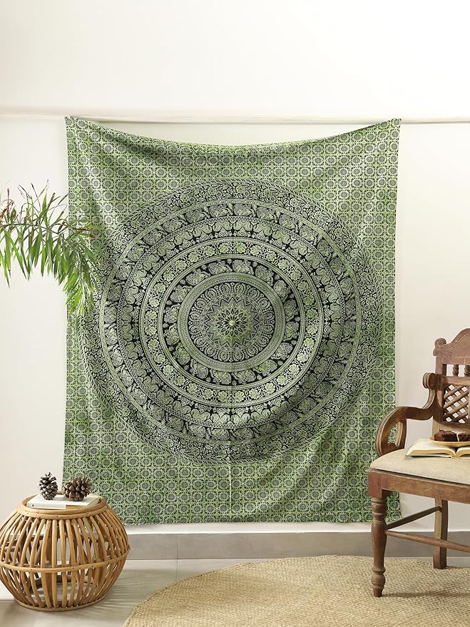 popular handicrafts mandala hippie tie dye psychedelic elephant tapestry wall hanging - indian maditation gypsy bohemian hippy dorm room decor green 60x54 inch