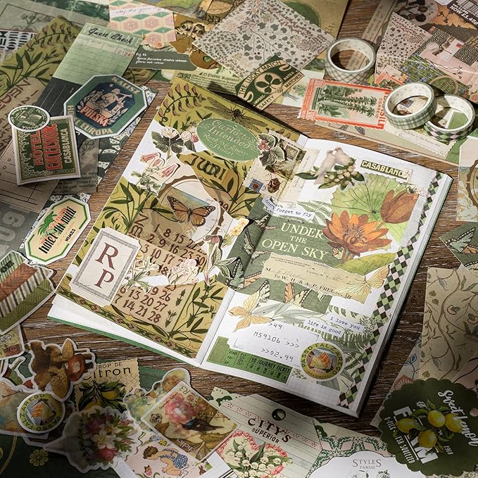 joychoic vintage junk journal supplies aesthetic journaling kit, scrapbook papers stickers large collection for bullet scrapbooking materials, planner diy arts craft collage, adults