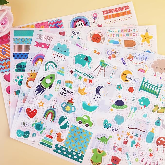4 Sheets Baby Scrapbook Stickers – 215 Pcs Newborn Journal Stickers for Memory Book, Baby Shower, Milestone, Planner – Waterproof Baby's First Year Scrapbook Decals Supplies