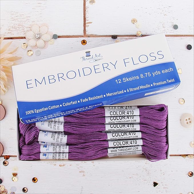 12 Skeins ThreadArt Premium Egyptian Long Fiber Cotton Embroidery Floss | Purple | 6 Strand Divisible Thread 8.75yds Each for Hand Embroidery, Friendship Bracelets, Cross Stitch and Crafts