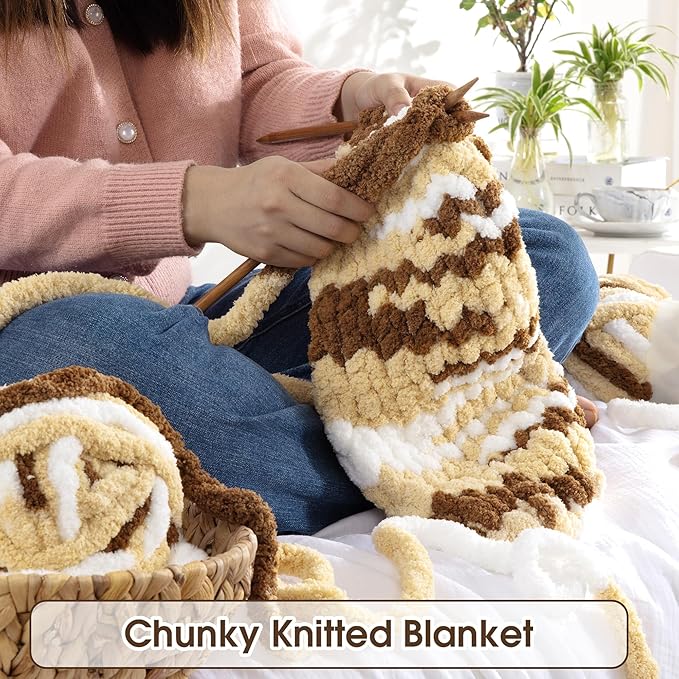HOMBYS Chunky Tie Dye Mix Chenille Yarn for Hand Knitting, Super Bulky Jumbo Yarn for Crocheting, 3/4" Thick Soft Plush Yarn for Blankets, 8 Skein Pack (26 yds / 7.5 oz Each) Khaki