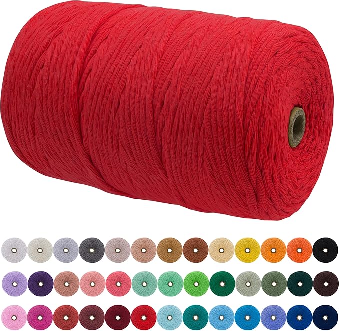 JeogYong Single Strand Macrame Cord 3mm x 218 Yards (656 Feet) Soft Cotton Rope Macrame Yarn 3 mm Macrame Cord, Macrame Supplies for Crafts Wall Hangings Plant Hangers Decorations (Red)