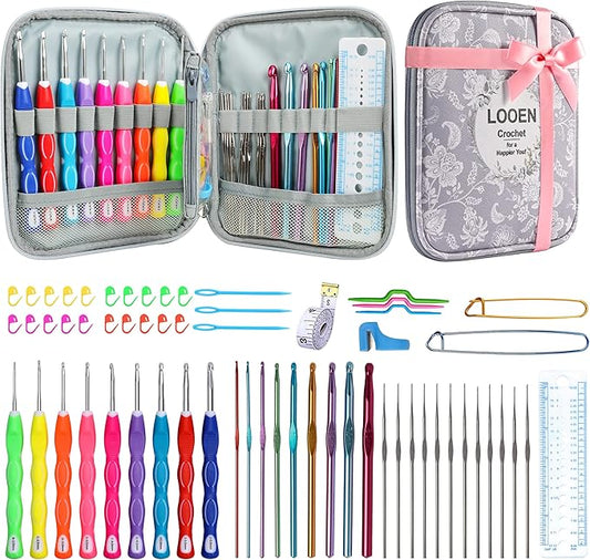 LOOEN 64Pcs Crochet Hook Set, 9 Pcs Ergonomic Rubbery Handle Hooks 2.0MM-6MM and 9 pcs Multicolor Aluminum Crochet Hooks 2.0MM-8.0MM, Crochet Hook Kits with Case, Knitting & Crochet Supplies(A - Grey)