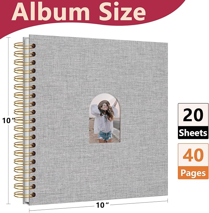 Vienrose 10X10 Inch DIY Scrapbook Album Linen Arch Window Photo Album 40 Blank Pages Scrap Book Photo Albums for Wedding Baby Shower, Gray