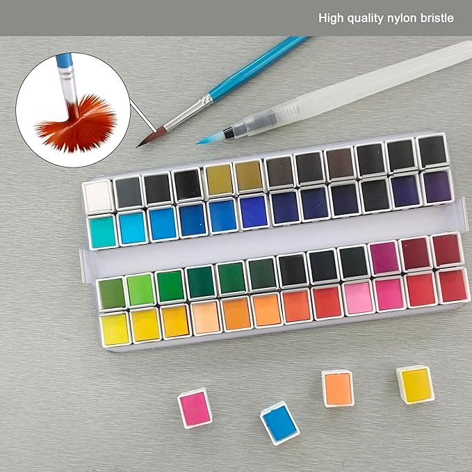 48-Color Solid Watercolor Set for Adults - 20pcs Watercolor Papers,2pcs artist brushed,2pcs water pens,Sponge & Cleaner - Perfect Travel Watercolor Kit for Artist,Beginners,Painting Lovers
