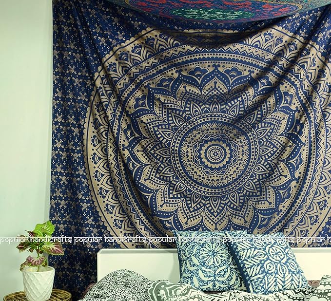 popular handicrafts tapestry wall hanging hippie mandala bohemian hippy intricate indian tapestries bedspread 54 x 60 inches (140cm x 150cm) blue & gold