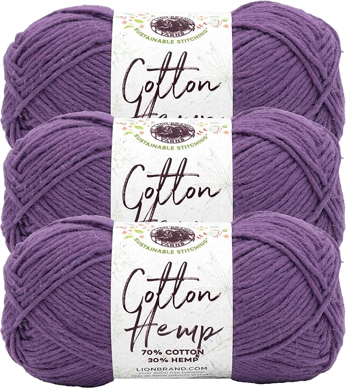 Lion Brand Yarn Cotton Hemp, Soft, Durable Yarn for Crochet and Knitting, 3 Pack, Aster