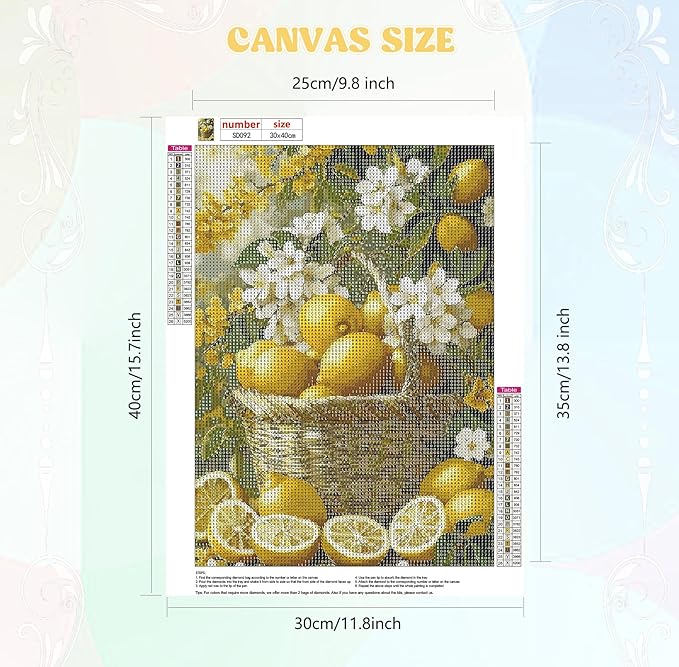 QENSPE Lemons Diamond Painting Art Kits for Adults, DIY White Flowers Full Drill Diamond Art for Beginners, 5D Round Diamond Dots Paintings Gem Art Crafts Home Wall Decor Gifts 30x40cm