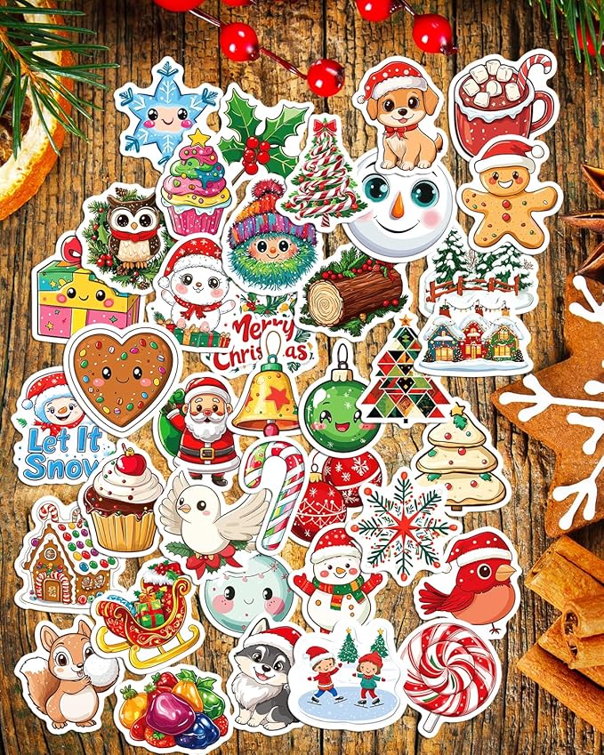 100pcs christmas stickers, non-repeating vinyl waterproof holiday stickers, christmas party favors, stocking stuffers for kids toddlers teens boys girls, activities, gifts, toys, goodie bag stuffers