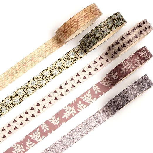 Fantasy Washi Tape Set - 5 Rolls Texture Arts Adhesive Tapes Basic Patterns Decorative Masking Tape Sets for Craft, Kids, Scrapbook, DIY, Gift Wrapping (4-Neutral Geometry)