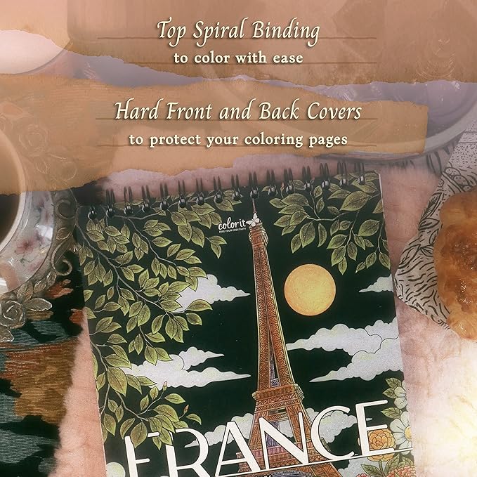 ColorIt France Adult Coloring Book, 50 Picture Perfect Coloring Pages of French Landscapes and Famous Landmarks, Printed on Thick Paper with Spiral Binding, Hardback Covers, and Ink Blotter Paper