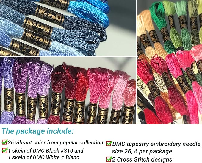 DMC Embroidery Floss Pack Popular Colors, Embroidery Thread Kit Include 36 Assorted Color Bundle with DMC Mouline Cotton White/Black and Cross Stitch Hand Needles Size 26.