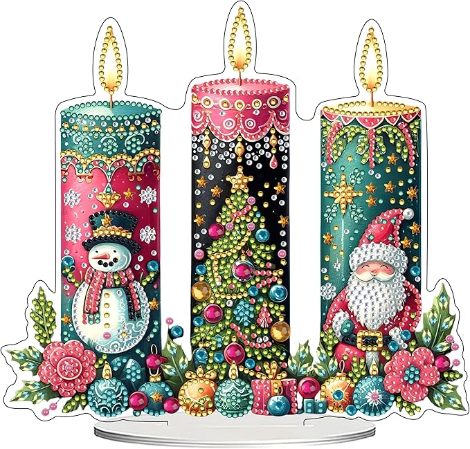 JJFox DIY 5D Tabletop Diamond Art Painting Kit， Desktop Ornament Special Shaped Rhinestone Desk Placement Ornament，Home Stand Up Gem Painting Craft Kit，Gift (Christmas Candle)
