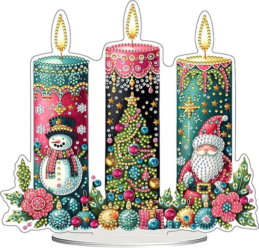JJFox DIY 5D Tabletop Diamond Art Painting Kit， Desktop Ornament Special Shaped Rhinestone Desk Placement Ornament，Home Stand Up Gem Painting Craft Kit，Gift (Christmas Candle)