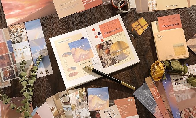emmoolife 348 Pcs Scrapbooking Supplies Kit, Vintage Aesthetic Scrapbook Kit for Bullet Junk Journal, Stationery, A6 Grid Notebook, DIY Journaling Supplies, Birthday Craft Gift for Teen Girl Women