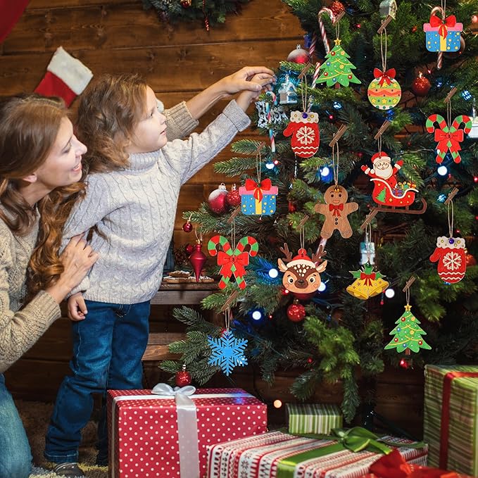 96 Pcs Wooden Christmas Ornaments Unfinished Wood Slices, Wooden Christmas Tree Hanging Ornaments for DIY Art Craft with 12 Styles, DIY Wood Crafts Hanging Decorations Kit