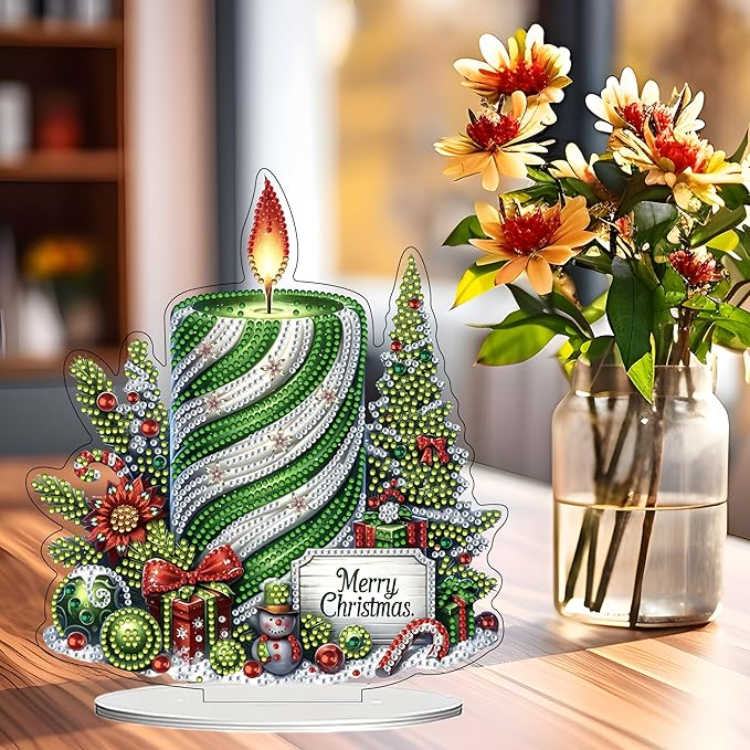 JJFox DIY Tabletop Diamond Art Painting Kit，Desktop Ornament Special Shaped Rhinestone Desk Placement Ornament，Home Stand Up Gem Painting Craft Kit Gift Double Sided (Christmas Candle)